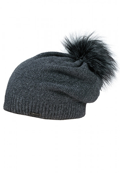 Strickmütze aus Kaschmir mit Kunstfellpompom für Damen in grau
