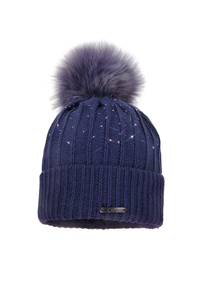 Strickmütze mit Strass und Kunstfellpompom in navyblau